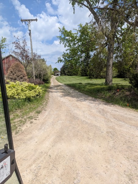 Gravel driveway in summer with lush greenery