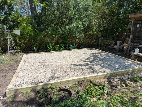 Timber-framed gravel pad for shed base