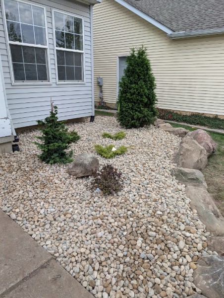 Decorative rock and shrub landscaping